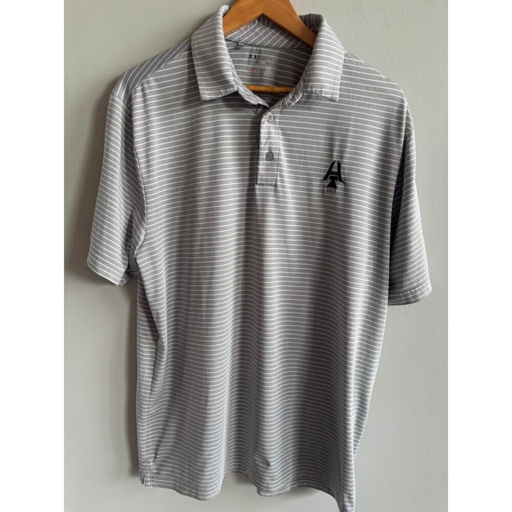 Under Armour HeatGear Golf Polo Mens XL Grey Striped Anheuser Busch Anvil Logo